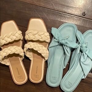 Time and Tru Cream and Blue Slide Sandals with Braided and Bow Details